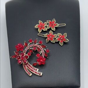 Beautiful red rhinestone statement brooch and complimentary hair barrettes